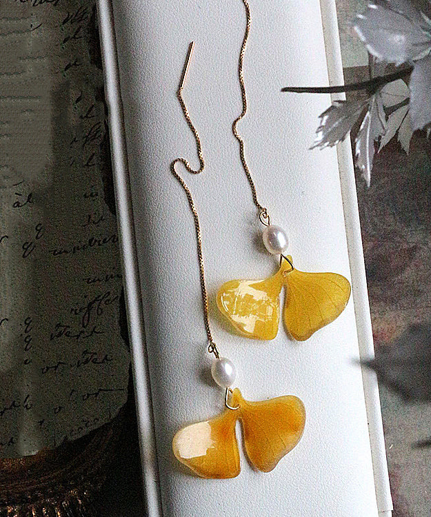 Stylish Yellow 14k Gold Pearl Ginkgo Leaf Tassel Drop Earrings Gh1070