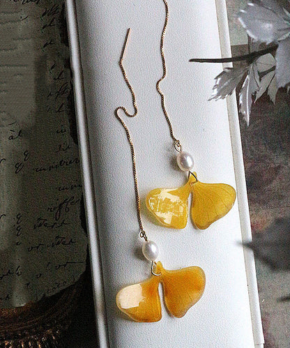 Stylish Yellow 14k Gold Pearl Ginkgo Leaf Tassel Drop Earrings Gh1070