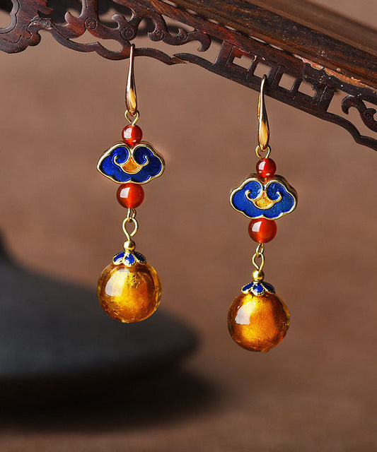 Stylish Yellow Coloured Glaze Cloisonne 14k Gold Chinese Style Drop Earrings