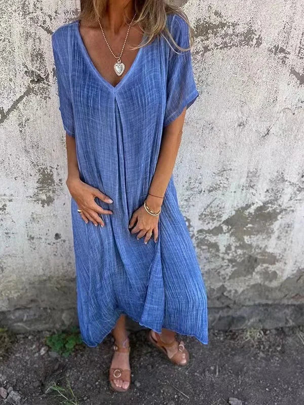 LM | Cotton and linen midi dress with V-neckline