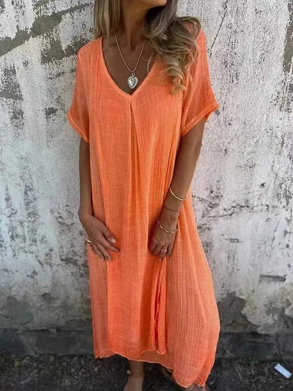 LM | Cotton and linen midi dress with V-neckline