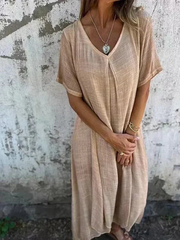 LM | Cotton and linen midi dress with V-neckline