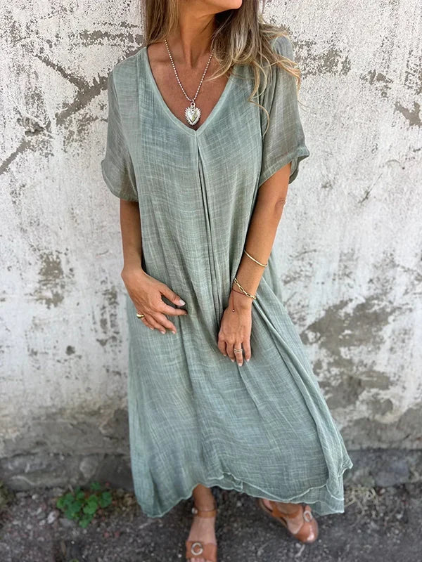 LM | Cotton and linen midi dress with V-neckline