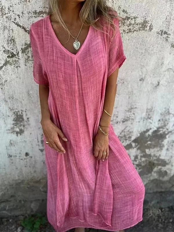 LM | Cotton and linen midi dress with V-neckline