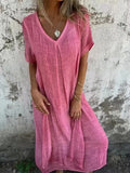 LM | Cotton and linen midi dress with V-neckline