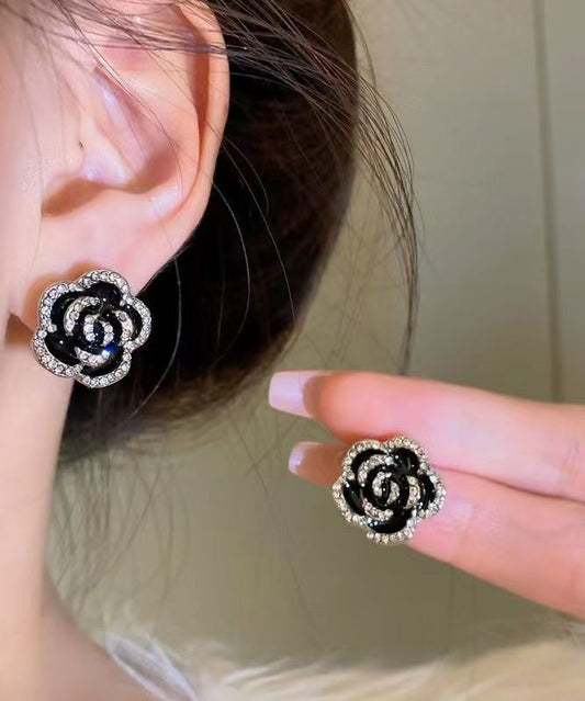Unique Black Srerling Silver Overgild Zircon Stud Earrings