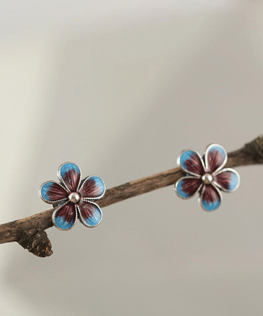 Unique Blue Silver Cloisonne Stud Earrings