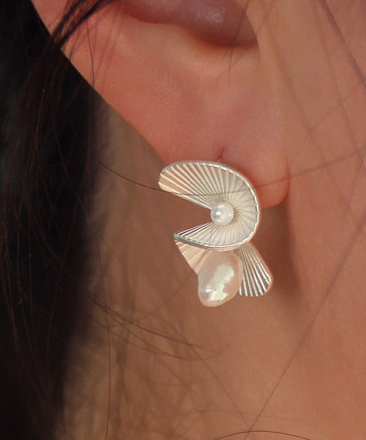 Unique Copper Pearl Fan-shaped Stud Earrings