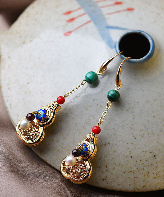 Unique Gold Color Gourd Original Design 14k Gold Drop Earrings
