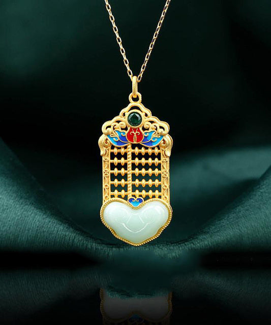 Unique Gold Copper Overgild Enamel Jade Pendant Necklace Kx1067