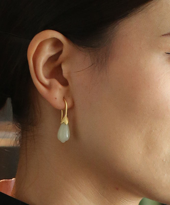 Unique Gold Sterling Silver Inlaid White Jade Drop Earrings Tw1024