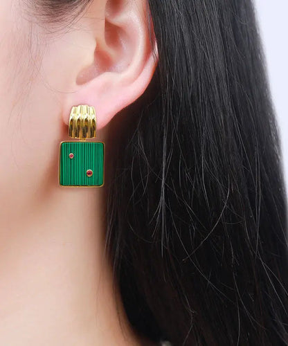 Sterling Silver Overgild Inlaid Square Malachite Hoop Earrings