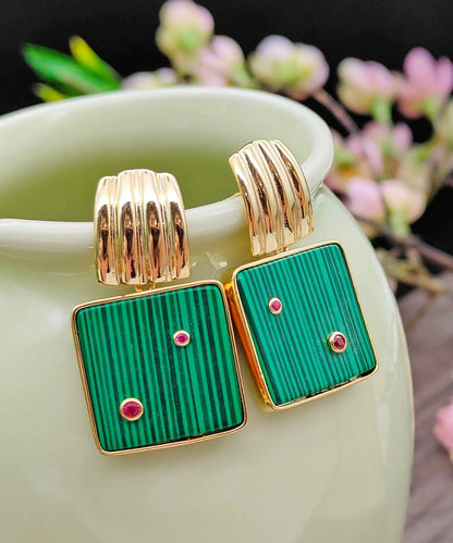 Sterling Silver Overgild Inlaid Square Malachite Hoop Earrings