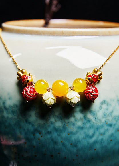 Unique Lotus Bead Fish Beeswax Pendant Necklace