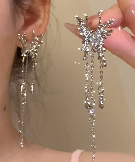 Unique Silk Metal Alloy Zircon Butterfly Tassel Drop Earrings
