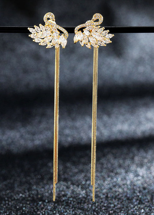 Unique White Swan Zircon 14k Gold Tassel Drop Earrings
