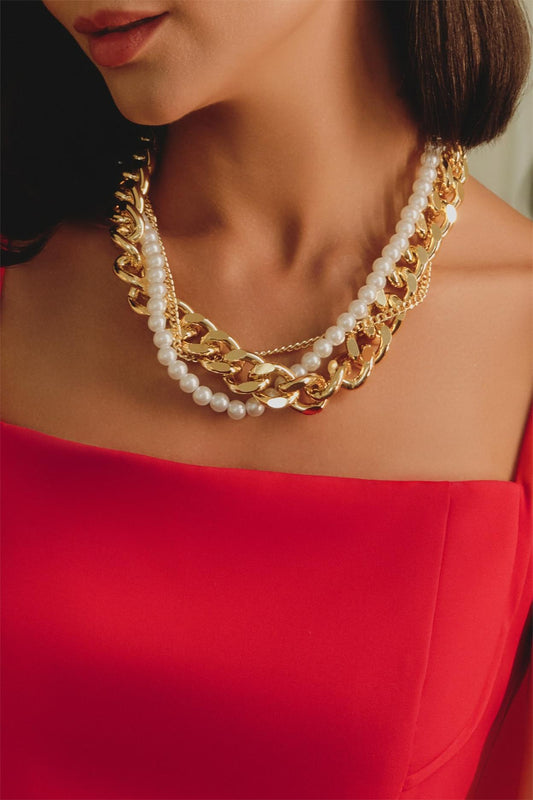Faux Pearl Metal Chain Multi-layered Necklace