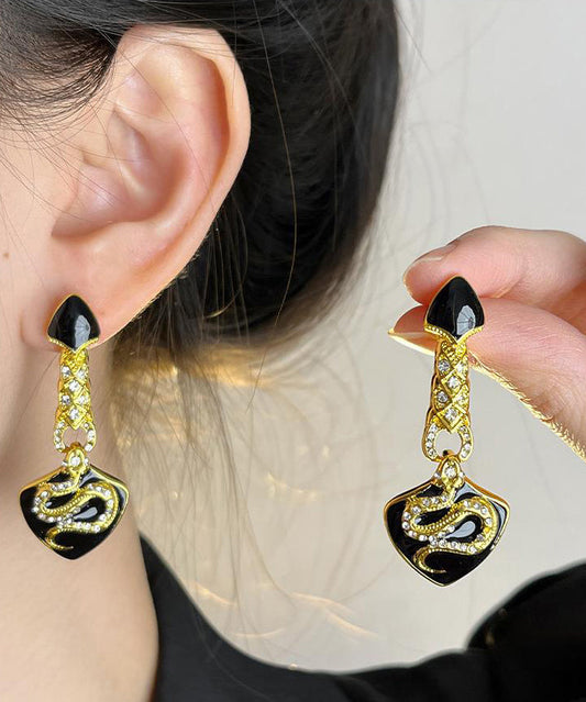 Black Ancient Gold Zircon Asymmetric Glazed Serpentine Shape Drop Earrings