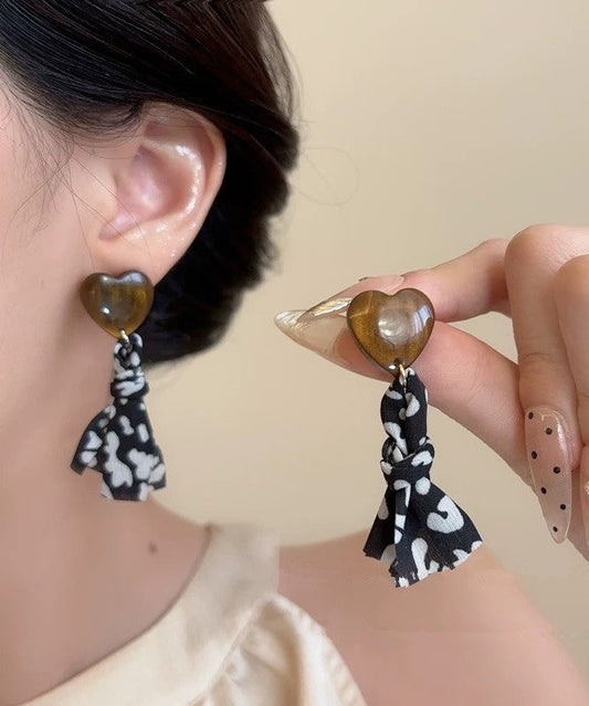 Black Copper Fabric Resin Love Print Drop Earrings