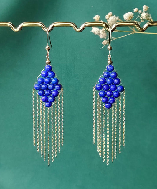 Blue 14k Gold Gem Stone Tassel Drop Earrings