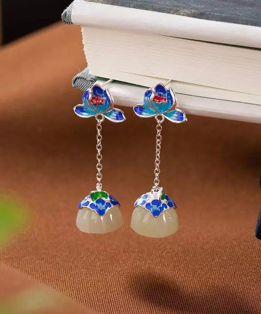 Blue Silver Jade Drop Cloisonne Lotus Earrings