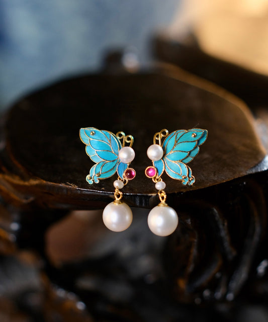 Blue Sterling Silver Overgild Pearl Butterfly Drop Earrings