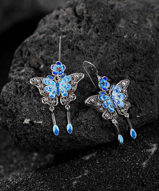 Boutique Blue Sterling Silver Butterfly Plum Blossom Tassel Drop Earrings