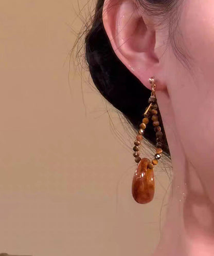 Brown Copper Overgild Asymmetrical Tiger's Eye Beading Tassel Drop Earrings