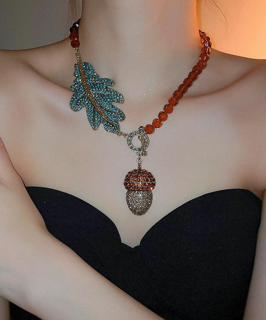 Coffee Alloy Zircon Crystal Leaves Pendant Necklace Qz019