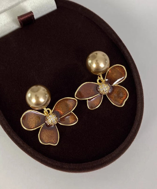 Coffee Copper Overgild Pearl Stud Earrings