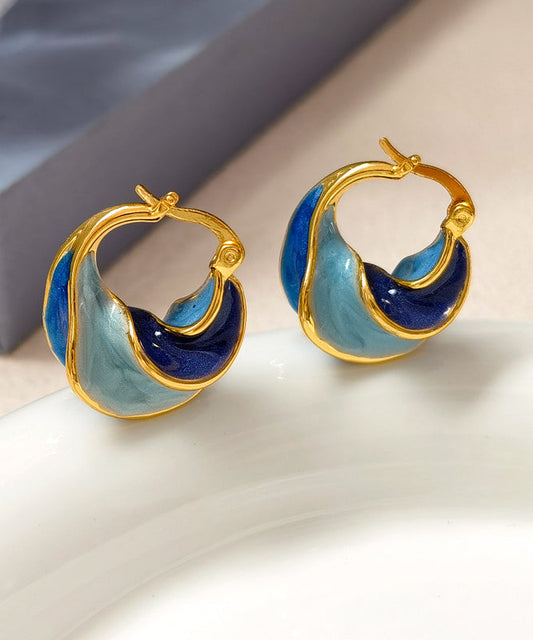 Colorblock Copper Overgild Drip Glaze Spiral Pattern Hoop Earrings