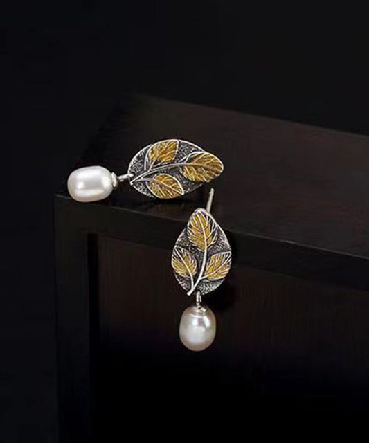 Colorblock Sterling Silver Pearl Leaf Drop Earrings