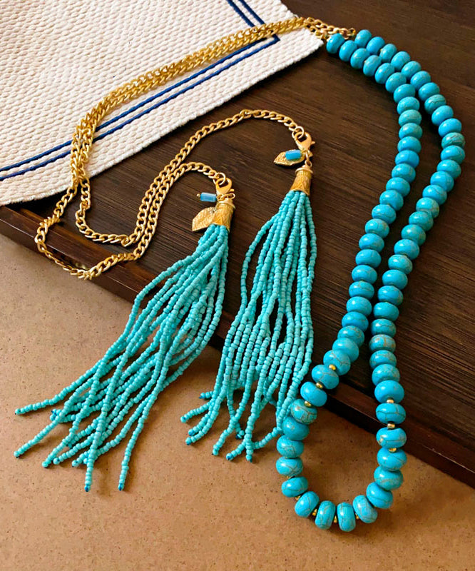Gold Alloy Turquoise Beading Tassel Gratuated Bead Necklace