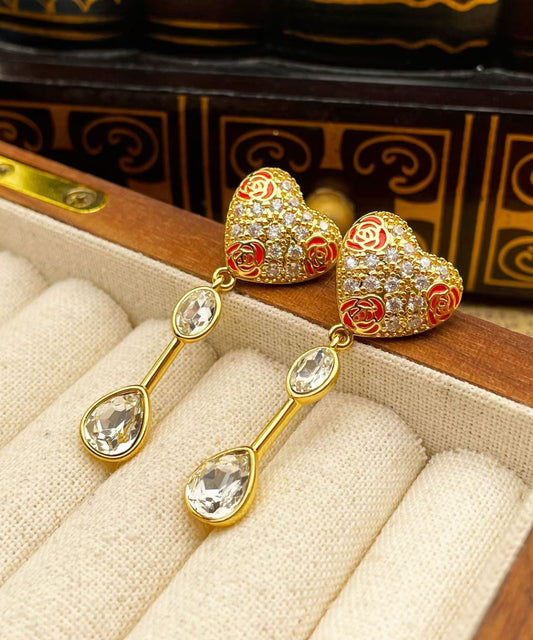 Gold Copper Overgild Zircon Glass Love Tassel Drop Earrings
