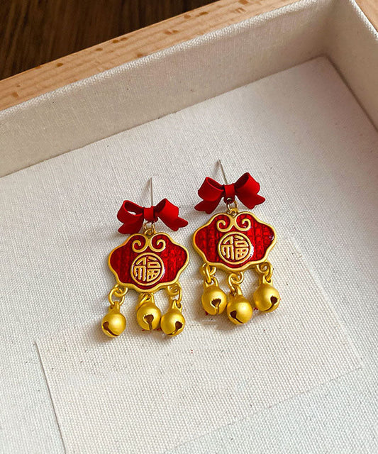 Gold Sterling Silver Overgild Bow Safety Lock Drop Earrings
