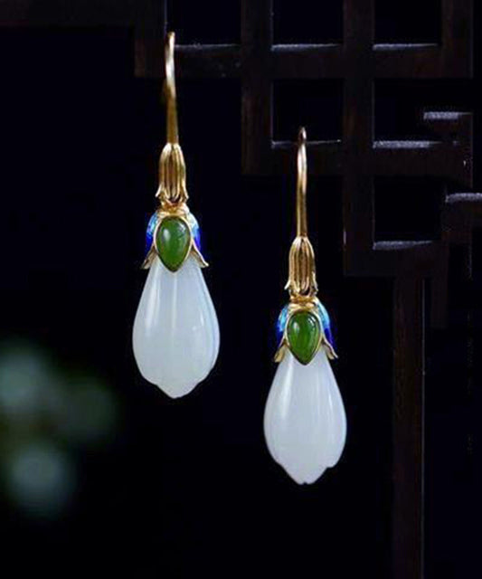 Gold Sterling Silver Overgild Jade Cloisonne Orchid Stud Earrings