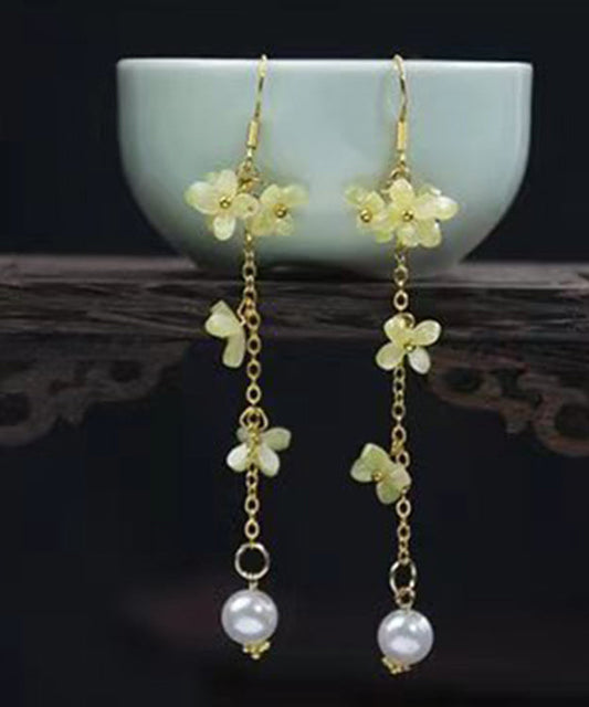 Gold Sterling Silver Overgild Pearl Coloured Glaze Tassel Drop Earrings