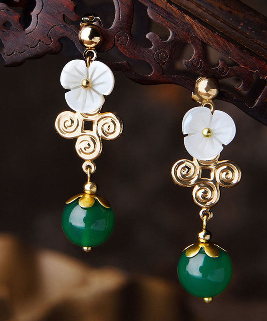Green Agate White Shellfish Flower14k Gold Drop Earrings