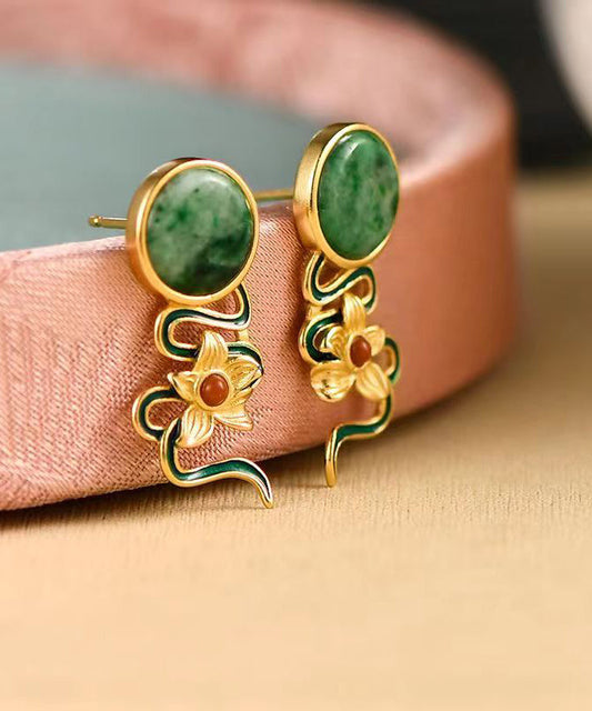Green Jade Silver Stud Earrings