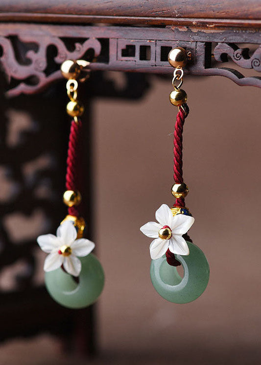 Green Shell Flower Jade 14k Gold Drop Earrings