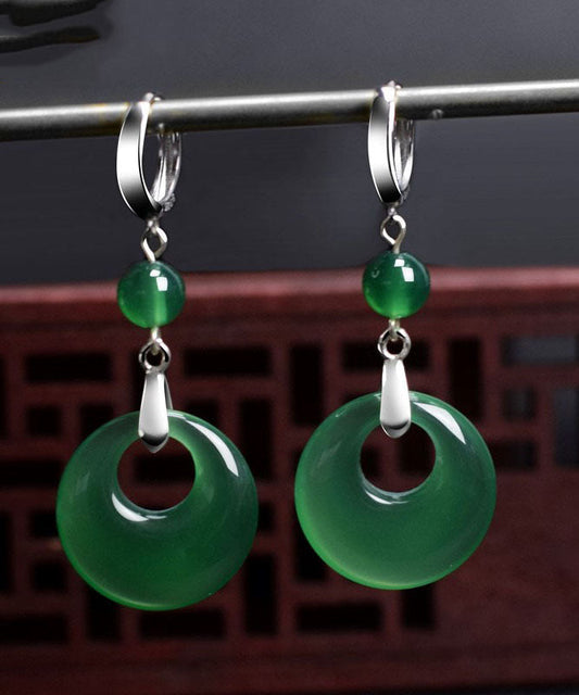 Green Sterling Silver Inlaid Chalcedony Drop Earrings