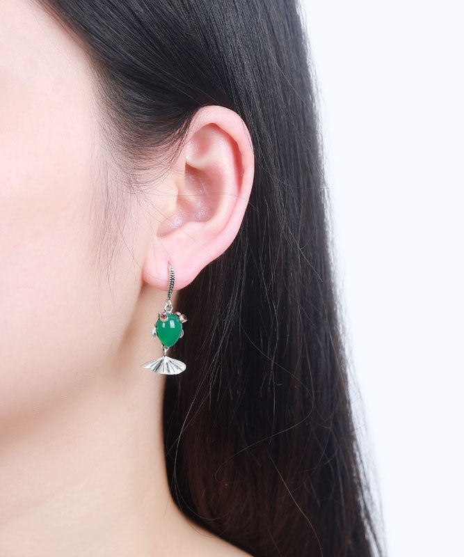 Green Sterling Silver Inlaid Gem Stone Chalcedony Goldfish Drop Earrings