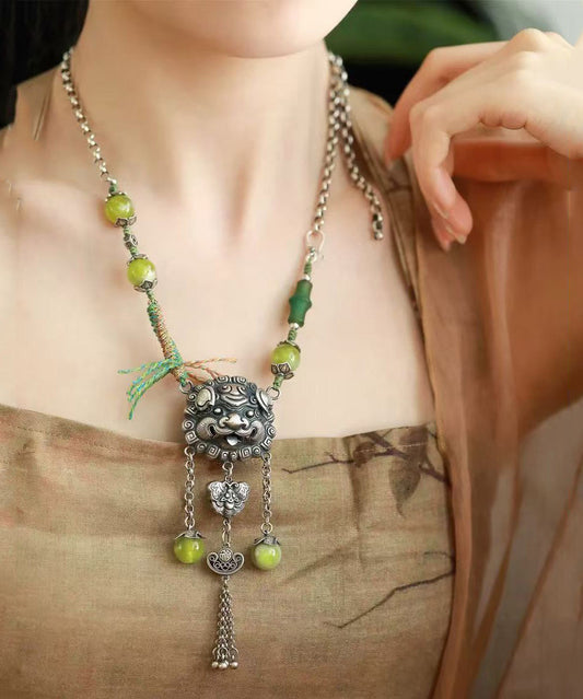 Green Sterling Silver Jade Tassel Lariat Necklace Qj051