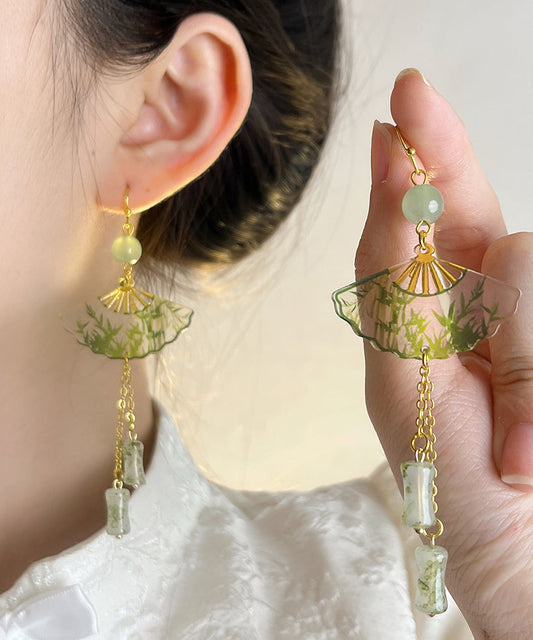 Green Sterling Silver Overgild Folding Fan Green Bamboo Jade Drop Earrings