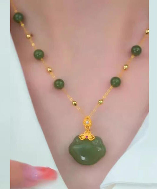 Green Sterling Silver Overgild Jade Safety Lock Pendant Necklace Ya040