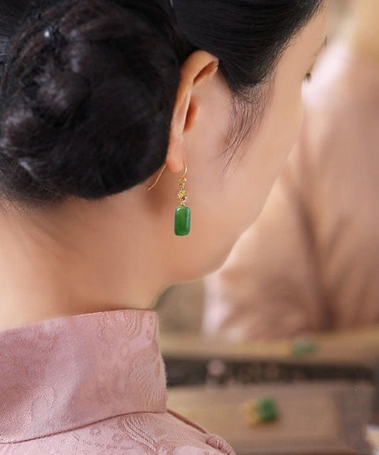 Green Sterling Silver Square Jade Drop Earrings