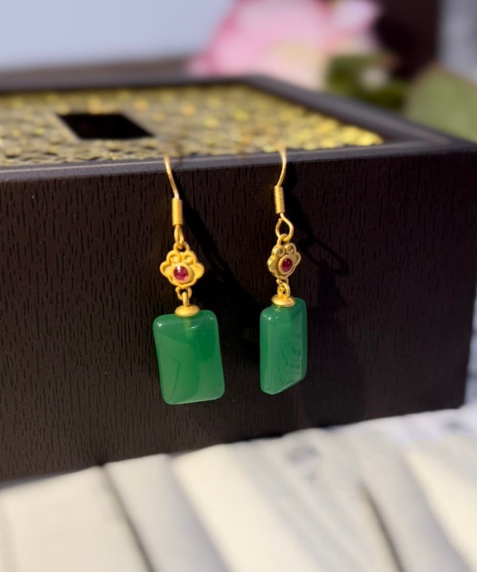 Green Sterling Silver Square Jade Drop Earrings Tw1051