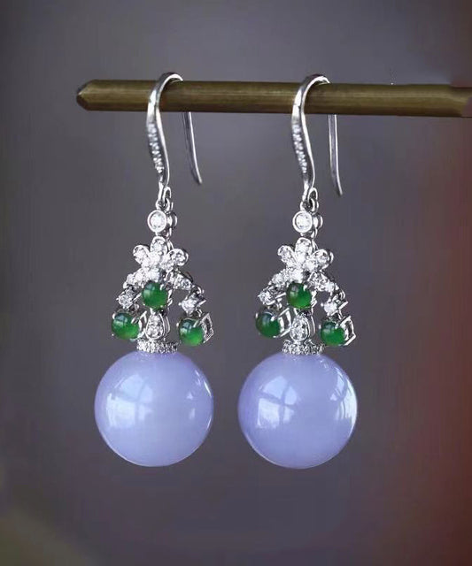 Green Sterling Silver Zircon Jade Ball Drop Earrings