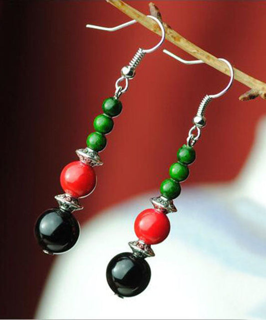 Multi Agate Beads Tibetan Style Silver Drop Earrings