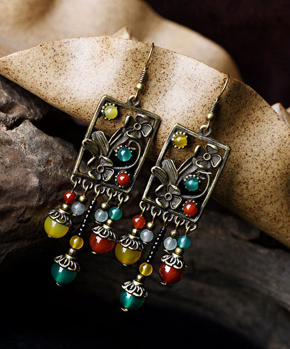 Multi Color Agate Metal Copper Tassel Drop Earrings